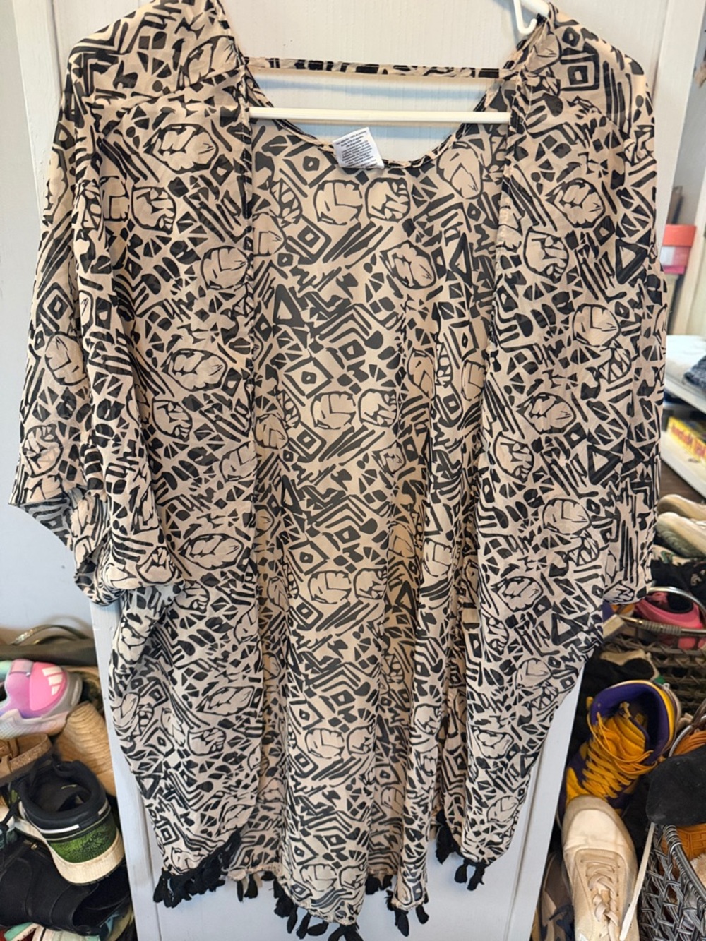 Serra Black and Beige Printed Tassel Kimono Cover-Up